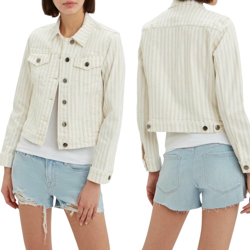 Frame Le Vintage Denim Jacket Railroad Striped Cropped Beige White Womens Small